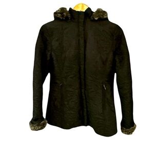 CAbi Plaza Thin Quilted Medium Black Coat Faux Fur Trim Zip Up Jacket Style